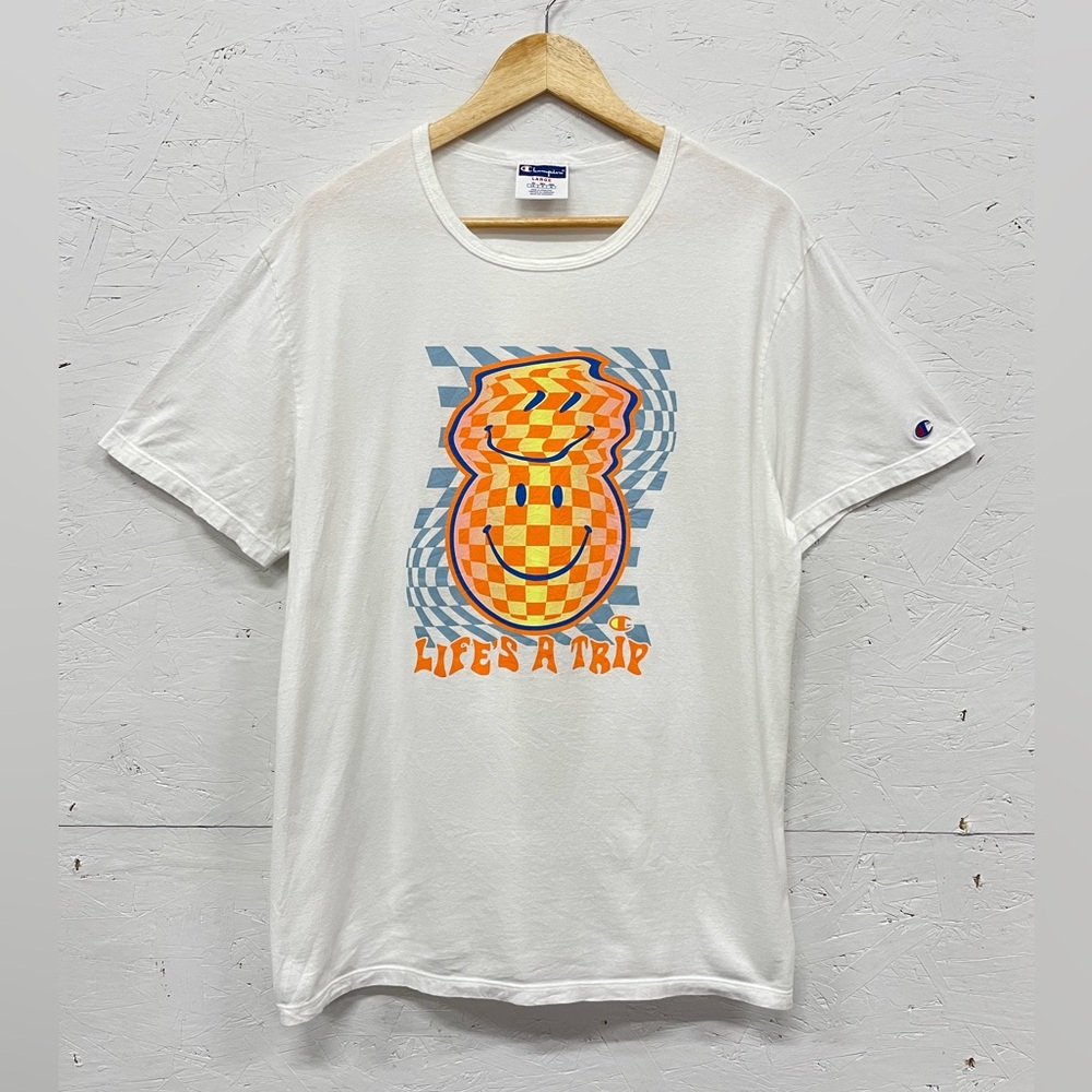Champions “Life’s A Trip” Smiley Checkered Graphic Tee, Size L